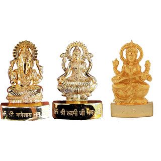 Gold Plated Ganesh Laxmi Saraswati  Idols - 2.7 Inches