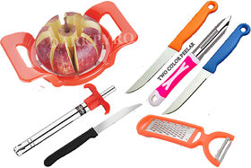 Kitchen Essentials Combo Of 7 PCS Apple cutter, Gas Lighter, Kitchen 3 Knife, Cheese Grater and Peeler,