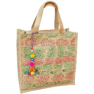 Buy Literacy India Indha 12.0 inch Hand Block Print Jute Tiffin/Lunch Bag For Women Online - Get ...