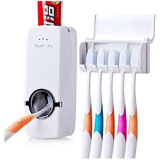                       Touch Me Automatic Toothpaste Dispenser Kit With 5 Toothbrush Holder Slot (White)                                              