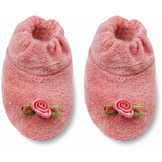 Tumble Floral Applique Terry Cloth Baby Booties - Pink (0 to 6 Months)