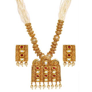 The Jewelbox Traditional Temple Design Kundan Red Pearl The Jewelbox Traditional Temple Design Kundan Red Pearl Meenakari 22k Gold Earring Necklace Set S Women