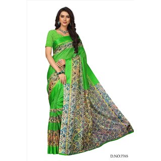 Fabwomen Sarees Floral Print Green And Green  Coloured Kora Silk Fashion Party Wear Women's Saree/Sari.