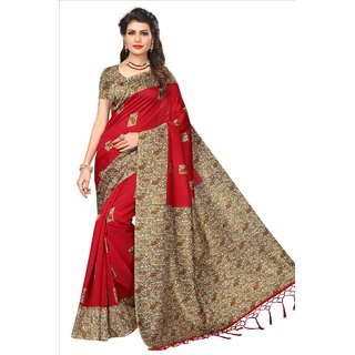 Fabwomen Sarees Kalamkari Red And Multi  Coloured Mysore Art Silk With Tassels Fashion Party Wear Women's Saree/Sari.