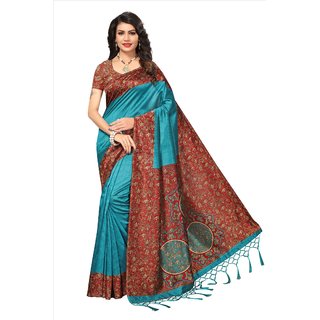 Fabwomen Sarees Kalamkari Cyan And Multi  Coloured Mysore Art Silk With Tassels Fashion Party Wear Women's Saree/Sari.