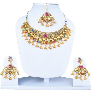 Fascraft Multi-coloured Necklace Set with Heavily Detailed Stone with Peacock Design and Hanging Pearls on Gold Finish with Maang Tika