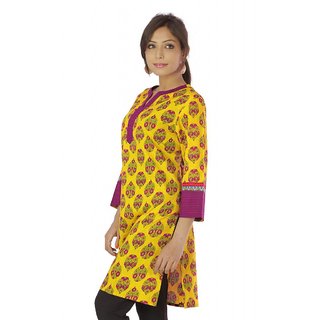 Vihaan Impex Yellow Pure Cotton Hand Block Printed Designer Kurti Tunic Top