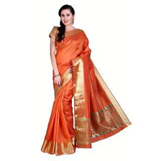 Sofi Women's Solid Orange Tussar silk Sari