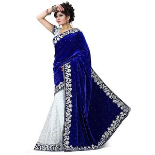 Sofi Women's Blue VelvetLace fabric Sari