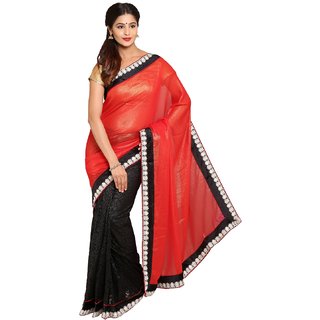 Sofi Women's Solid Red Georgette Sari