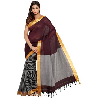 Sofi Women's Striped Black Venkatgiri cotton Sari