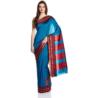 Sofi Women's Solid Blue Mysore Polycotton Sari