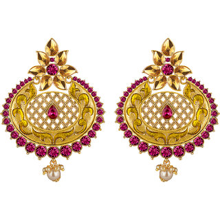 Spargz Antique Gold Plated Purple Ad Stone Long Indian Style Spargz Antique Gold Plated Purple Ad Stone Long Indian Style Enamel Work Chandbali Earrings For Women