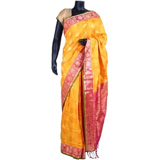 Yellow Nano Silk Zari Weaved Saree In Pink With Gold Border SR5108