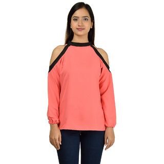 Timbre Women Stylish Cold Shoulder Peach Crepe Top For Ladies / Women