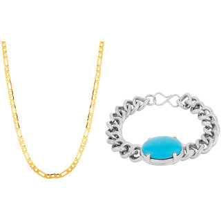 24 inch Gold Plated Brass Chain and Silver Turquoise Bracelet Combo for Men by Sparkling Jewellery