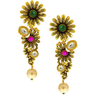 Anuradha Art Golden Colour Pink Green Flower Design Style Anuradha Art Golden Colour Pink Green Flower Design Style Cly Traditional Long Earrings For