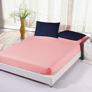 The Intellect Bazaar Satin Cotton King Fitted Elastic Bedsheet With 2 Contrast Pillow Covers Peach