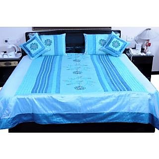 UFC Mart Blue Embroidered Silk Double Bed Cover With 4 Pillow Cover