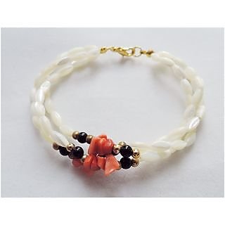 Three Strands Knotted Pearl, Black Onyx, Carnelian Chips Bracelet, Adorn With Gold Plated Beads, Secure With Metal Clasp