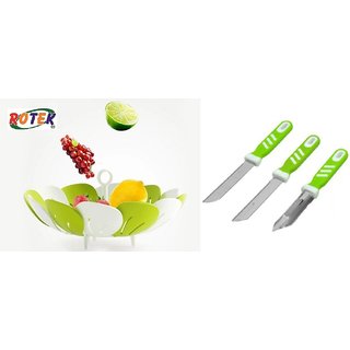 Rotek Combo of Lotus Shape Foldable Vegetable and Fruit Basket with 2 Knifes and 1 Vegetable Peeler