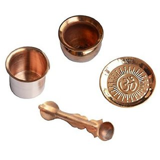 only4you Copper Puja Items - Combo Of 4 Pieces (Kalash/Lota, Panchpatra, Puja Thali, Spoon) 10x1x10 cm
