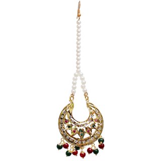 Lucky Jewellery Designer Magenta Green Color Gold Plated Maang Tikka For Women