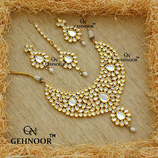 Gehnoor High Quality Artificial Royal Kundan Pearl Bridal Necklace set with Earrings Maangtika Fashion Jewellery