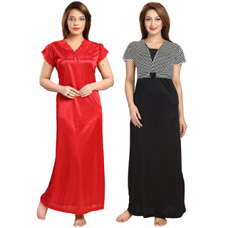 Be You Satin Red-Black Women Solid Printed Nightgowns Combo pack of 2