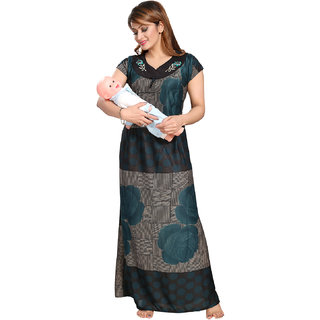 Be You Serena Satin Green Floral Printed Women Feeding / Maternity Nightgown