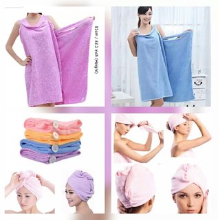 Combo Offer Bath Ta Robe A Convenient Wearable Towel Free Size + Hair Wrap Towel (Colour May Vary)