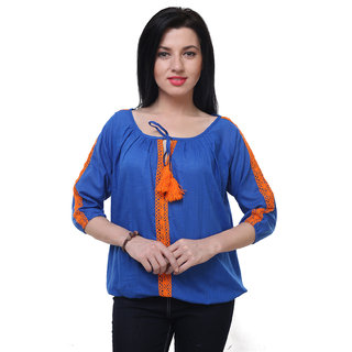 Jollify Casual 3/4th Sleeve Embroidered Women's Nevy Blue Cotton Top
