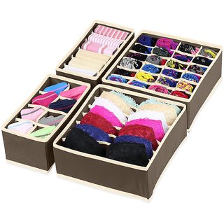 House of Quirk Foldable Fabric Drawer Organizer for Innerwear (30 cm x 35 cm x 10.01 cm, Set of 4, Brown)