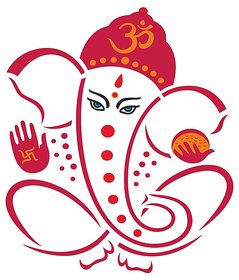 mordern ganesha with swastik, ohm  laddu in red