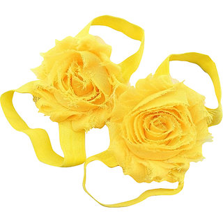 Pinkxenia Yellow Newborn Baby Boutique Elastic Rosset Shabby Chiffon Flower Barefoot Sandal Shoes