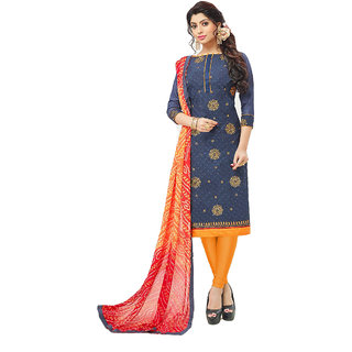 Shree Ganesh Retail Women s Cotton Work With Print Churidar Salwar Kameez Un stitched Dress Material BLUE YELLOW 3005