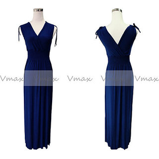 Solid Color V Neck Summer Maxi Dress LONG DRESS FREE SIZE BLUE