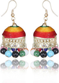 Golden Jhumka With Multicolor Thread  hanging Pearl by Miea