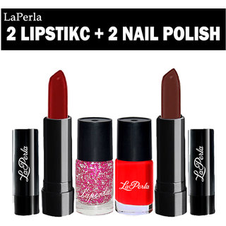Laperla 2 Lipstick  Nail Paint Makeup Combo Set of 4