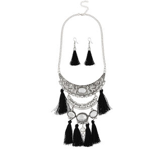 JewelMaze Black Thread Rhodium Plated Necklace Set