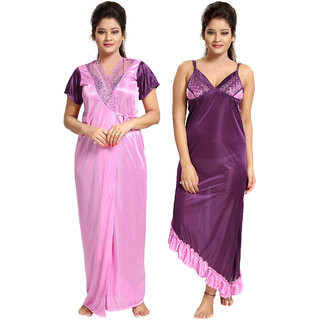 Be You Satin Pink-Purple Solid Women Nighty  Robe Set