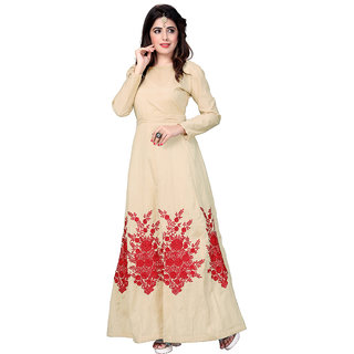 Aika Womens Banglory Silk Embroidary Work Designer Stright Gown (Free SizeBeige)G047-Holi Beige