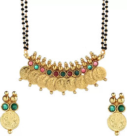Bhagya Lakshmi Traditional Red Embebbed Temple coin Necklae Set For Women