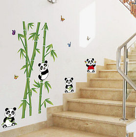 Wall Dreams Panda Pals With Lush Green Bamboo Trees Wall Stickers(60cmX90cm)