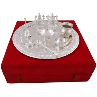 Hand-e-Crafts Silver Plated Brass Pooja Thali With Laxmi & Ganesh Idols Set Of 9 Pcs