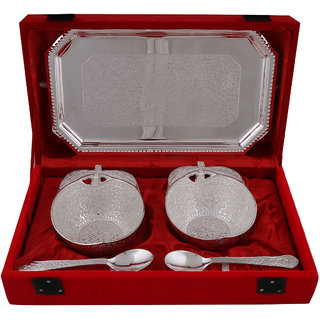 Hand-e-Crafts Silver Plated 2 Brass Apple Shaped Bowls & Spoon Set With Tray