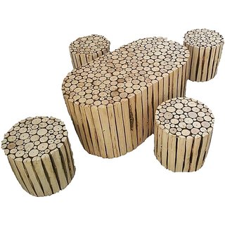 OnlineShoppee Natural Log Slices Coffee Table With Four Stools