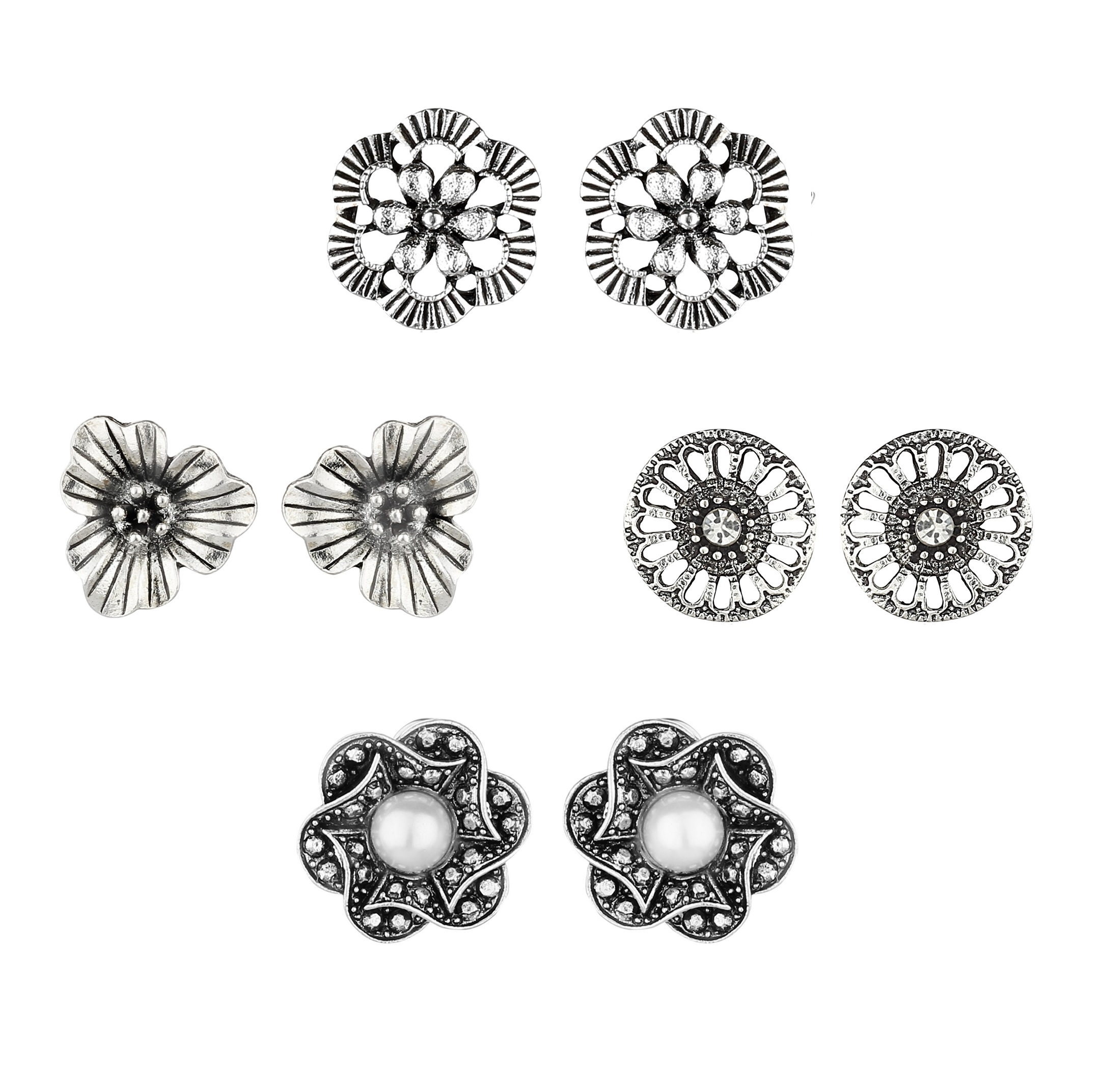 GoldNera Cute Light Weight Stud Earrings Set German Silver Flower Italian Designs White Metal Stud Earring For Girls