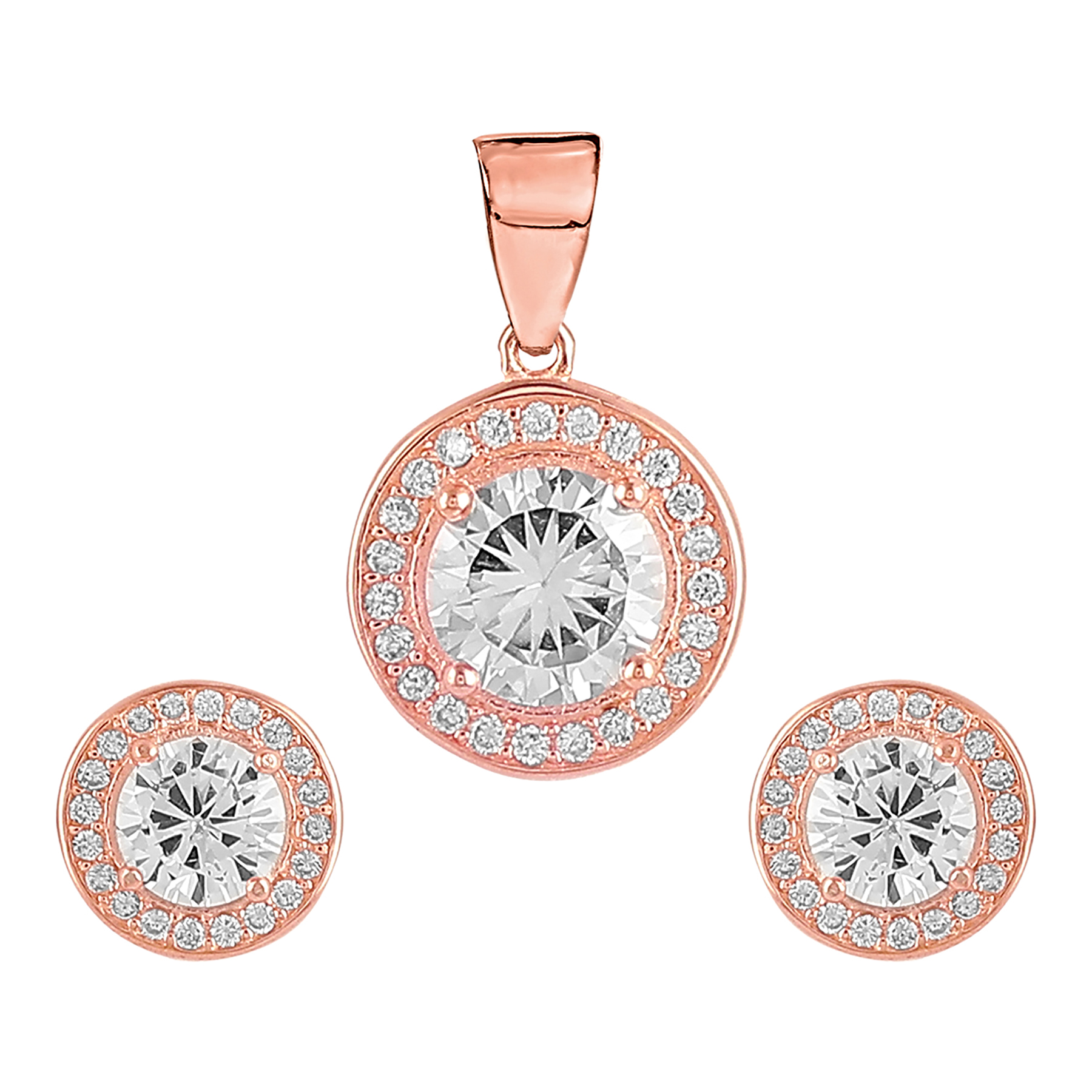 92.5 Sterling Silver Cubic Zirconia Studded Halo Pendant Earrings Set for Women and Girls  Rose Gold/ Silver 
