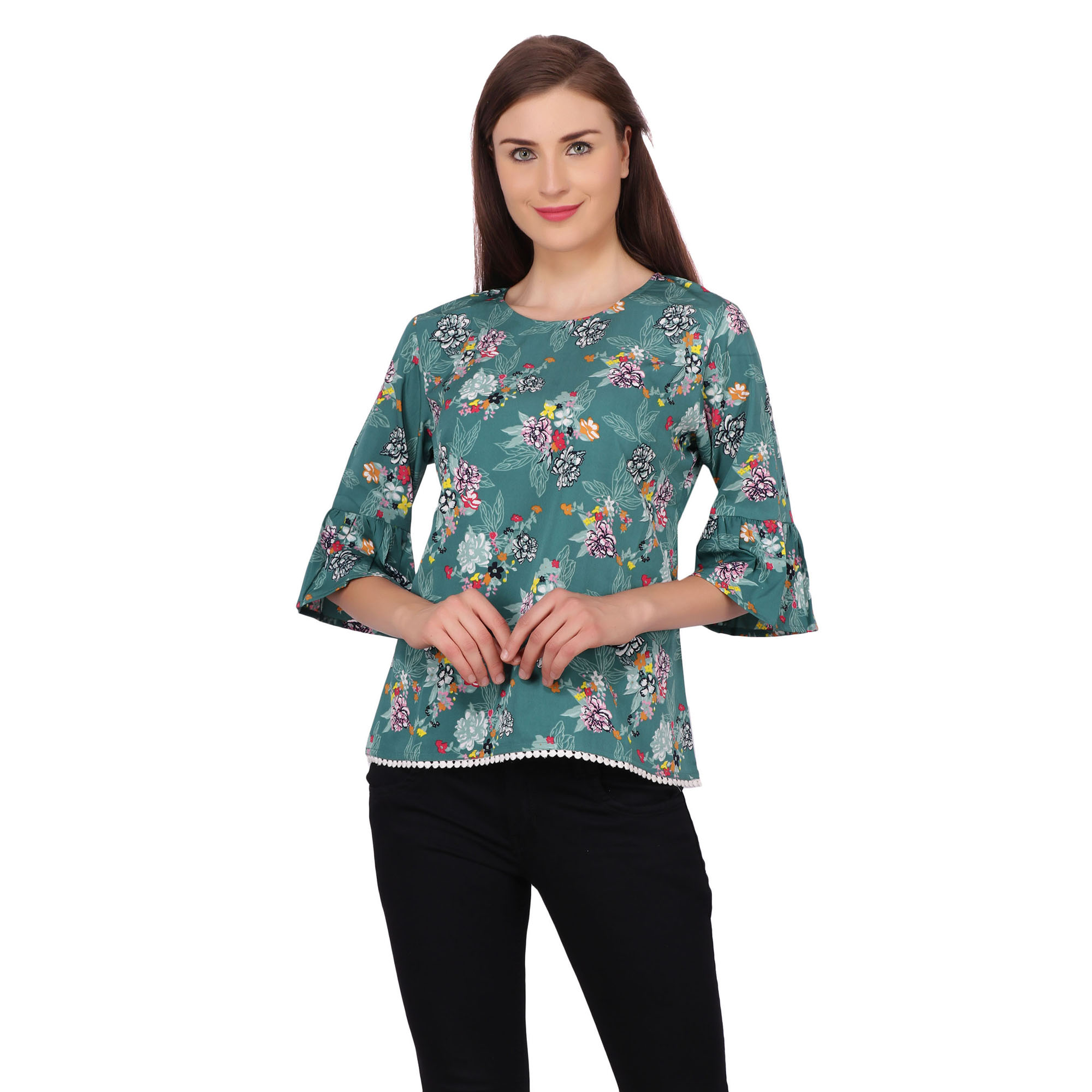 POPWINGS Casual Bell Sleeves Round Neck Floral Print Sea Green Regular Top